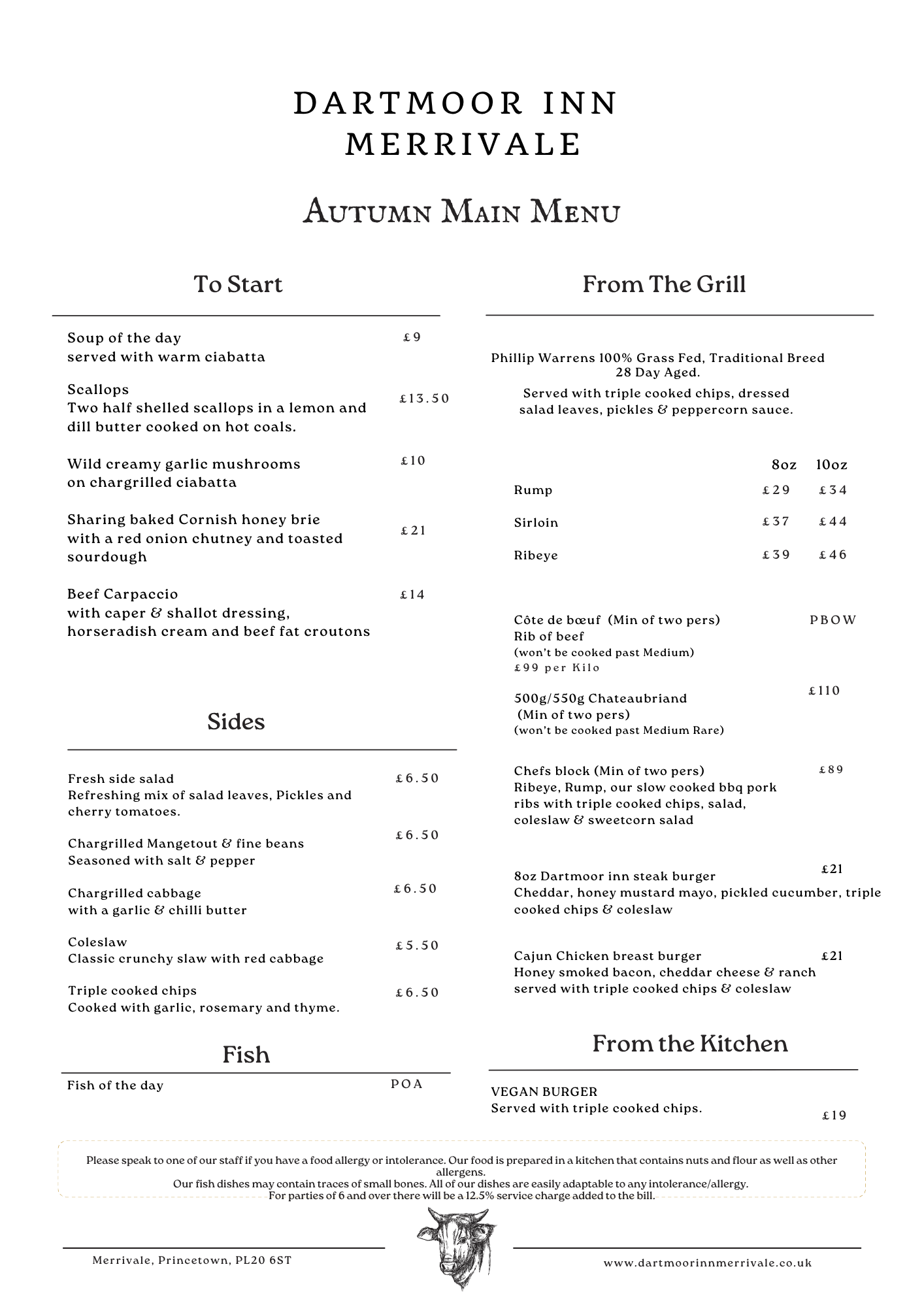 Menu for Dartmoor Inn Merrivale. Full text transcription available below.